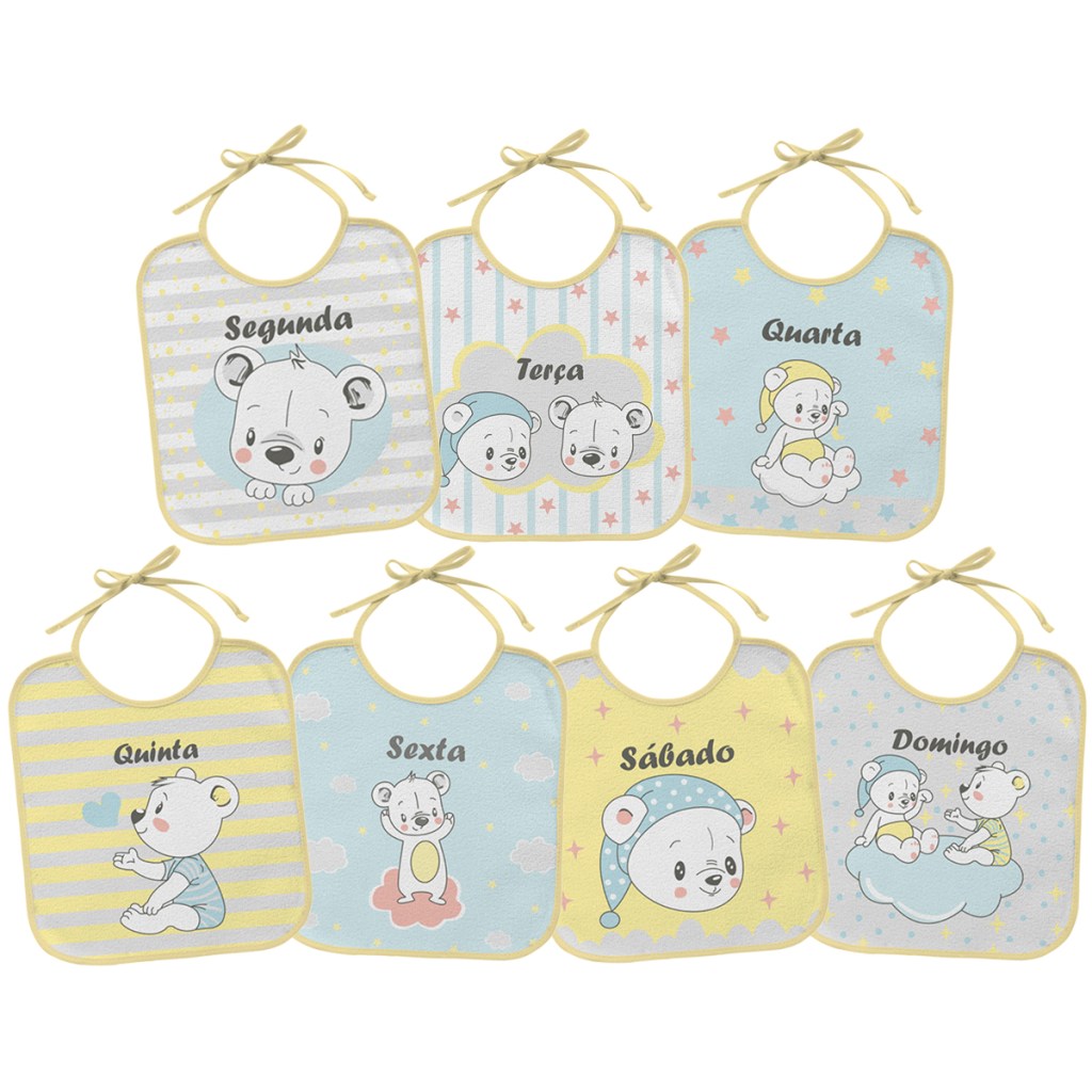 Kit 7 Babadores em atoalhado Semaninha Amarelo Bambi